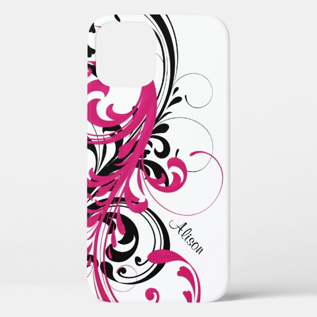 Hot Pink Black White Funky Wavy Scroll Floral Case-Mate iPhone Case (Back)