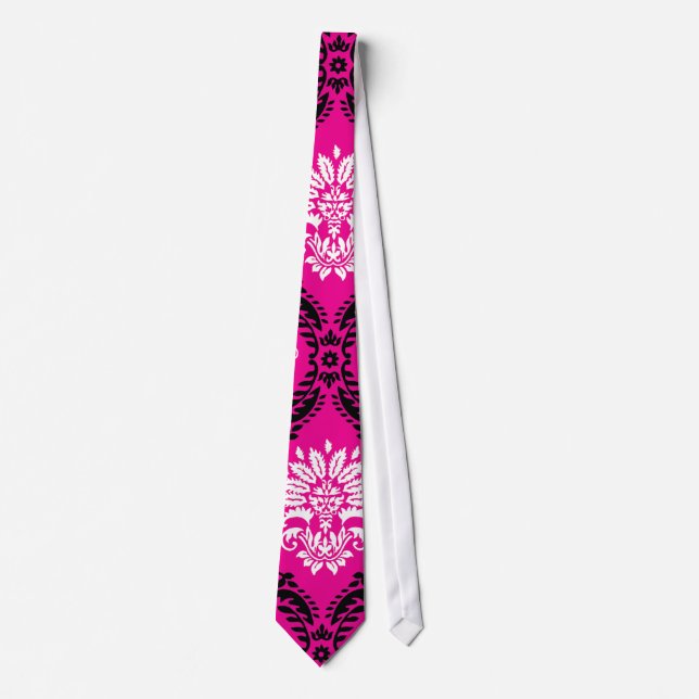 hot pink black white ornate damask tie (Front)