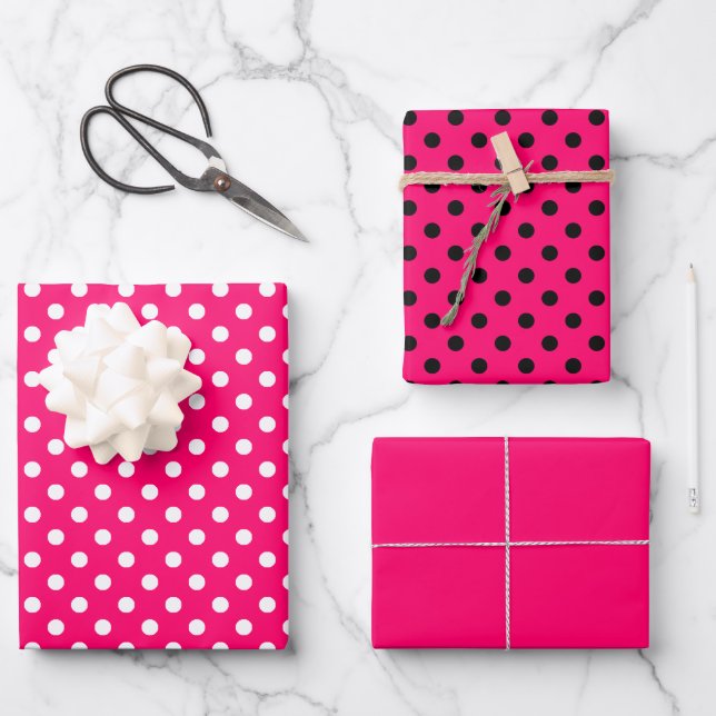 Hot Pink Black White Polka Dot Pattern Wrapping Paper Sheet (Front)