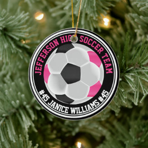Hot Pink, Black & White Soccer ⚽ Ceramic Ornament