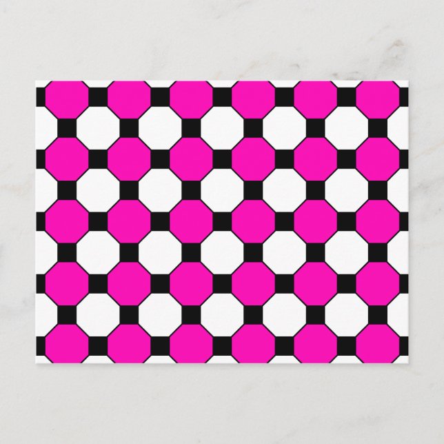 Hot Pink Black White Squares Hexagons Pattern Postcard (Front)