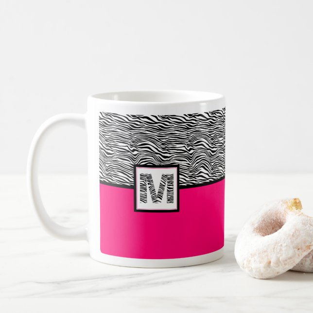 Hot Pink Black & White Zebra Print Monogram Coffee Mug (With Donut)