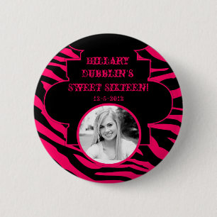 Hot Pink Black Zebra Print Animal Photo Button