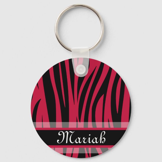Hot Pink Black Zebra Print Custom Name Keychain (Front)