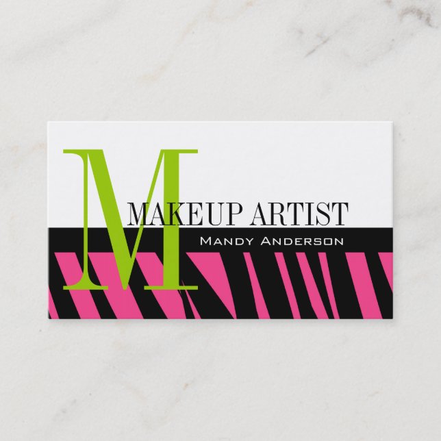Hot Pink Black Zebra Stripes Bold Makeup Artist Business Card (Front)