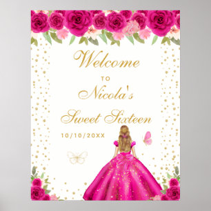 Hot Pink Blonde Hair Girl Sweet Sixteen Welcome Poster