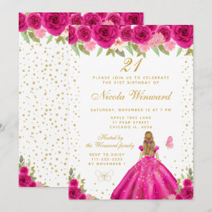 Hot Pink Blonde Hair Princess Birthday Party Invitation