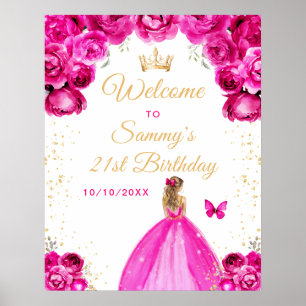 Hot Pink Blonde Hair Princess Birthday Welcome Poster
