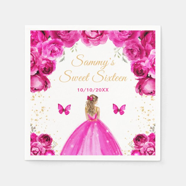 Hot Pink Blonde Hair Princess Sweet Sixteen Napkin (Front)