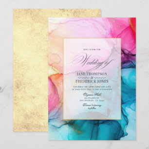 Hot-Pink, Blue and Gold Alcohol Ink Wedding Invitation