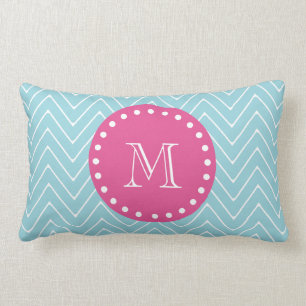 Hot Pink, Blue Chevron Your Monogram Lumbar Pillow