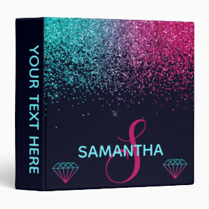 Hot Pink & Blue faux Glitter & Diamonds Monogram Binder