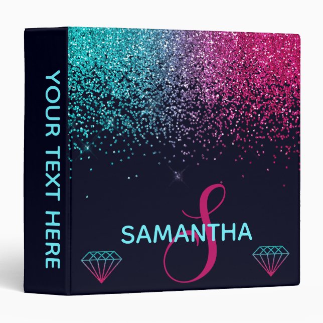 Hot Pink & Blue faux Glitter & Diamonds Monogram Binder (Front/Spine)