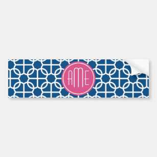 Hot Pink & Blue Geometric Pattern Monograms Bumper Sticker
