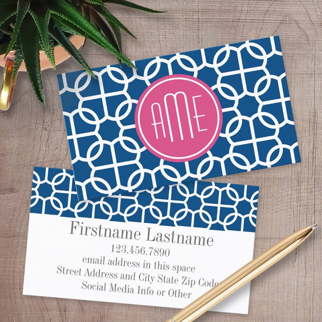 Hot Pink & Blue Geometric Pattern Monograms Business Card (Custom Printed Business Cards)