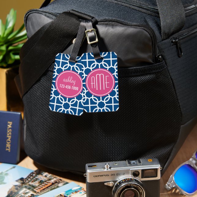 Hot Pink & Blue Geometric Pattern Monograms Luggage Tag (Front & Back)