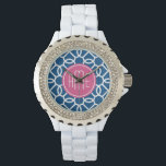 Hot Pink & Blue Geometric Pattern Monograms Watch<br><div class="desc">A bold, graphic zig zag design in fresh, cheerful colours. If you need to adjust the monogram, click on the customize it button and make changes.</div>