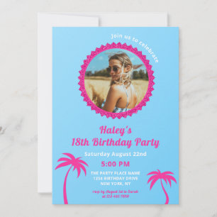 Hot Pink & Blue Modern Photo 18th Birthday Invitation