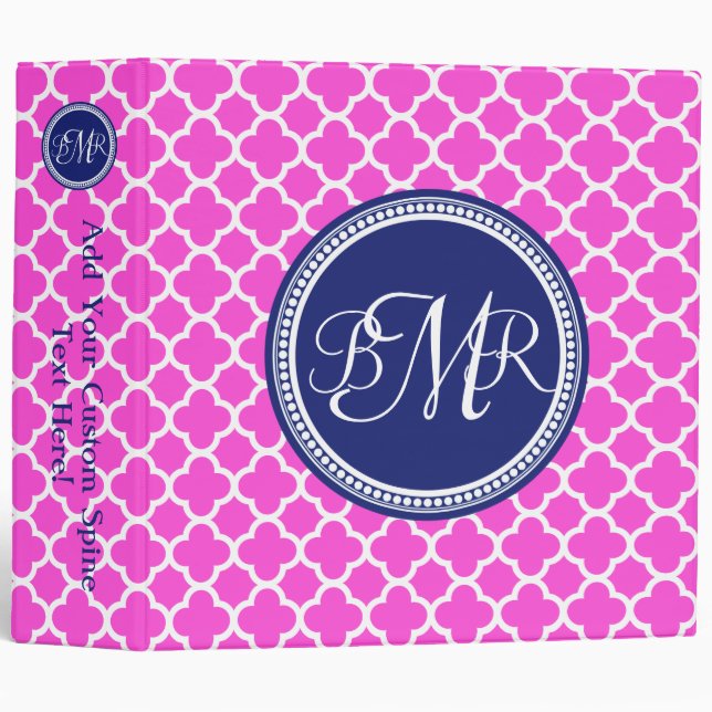 Hot Pink Blue Monogrammed Quatrefoil Personalized Binder (Front/Spine)