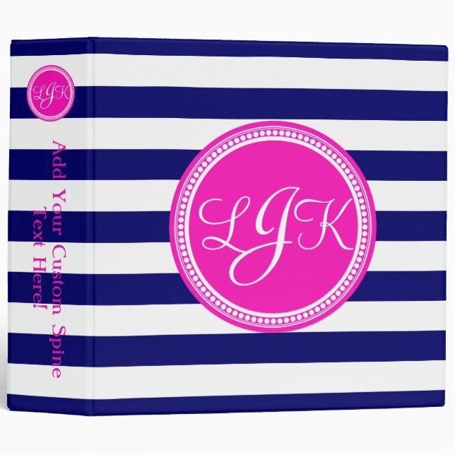Hot Pink Blue Monogrammed Stripe Personalized Binder (Front/Spine)