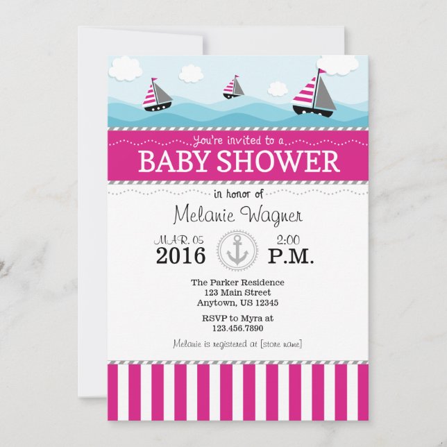 Hot Pink Blue Nautical Baby Shower Invitation (Front)
