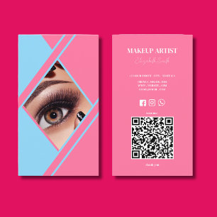Hot Pink & Blue QR Code photo Makeup Artist Business Card