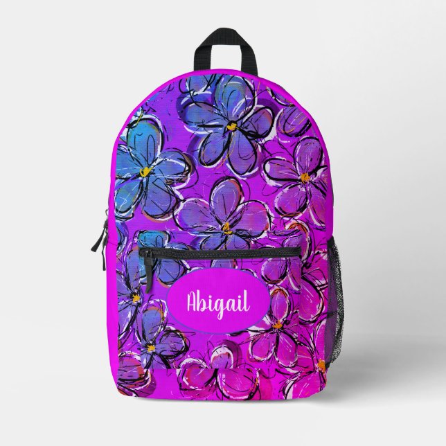 Hot Pink Blue Tropical Flower Printed Backpack (Front)
