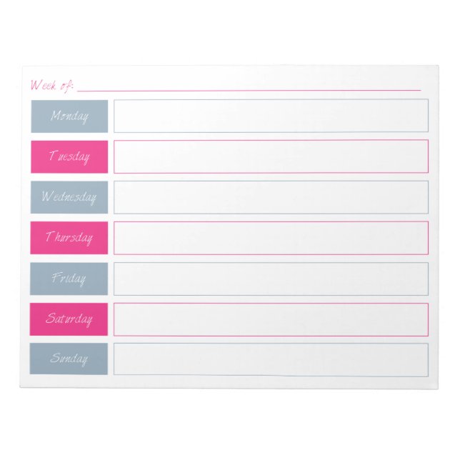 Hot Pink & Blue Weekly Planner Tear Off Notepad (Front)