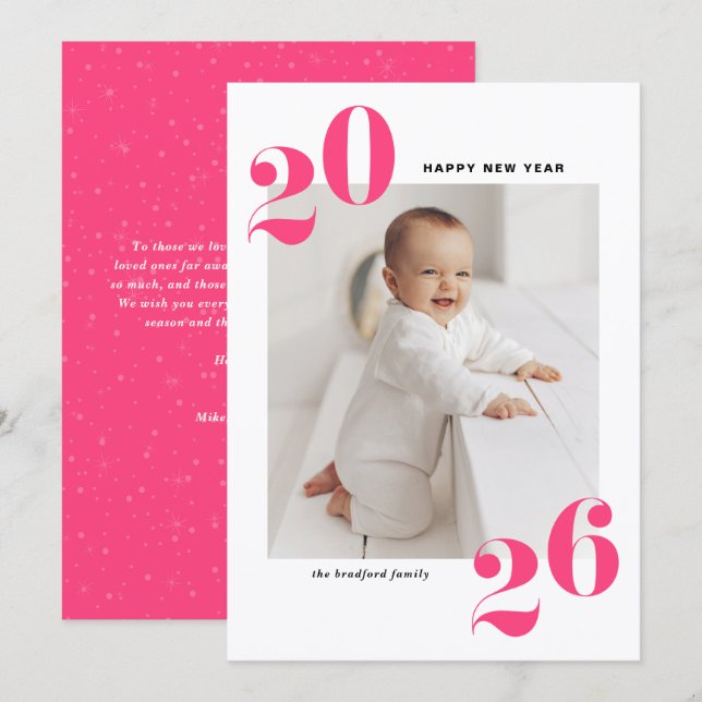 Hot Pink Bold Typography 2025 New Year Photo Holiday Card (Front/Back)