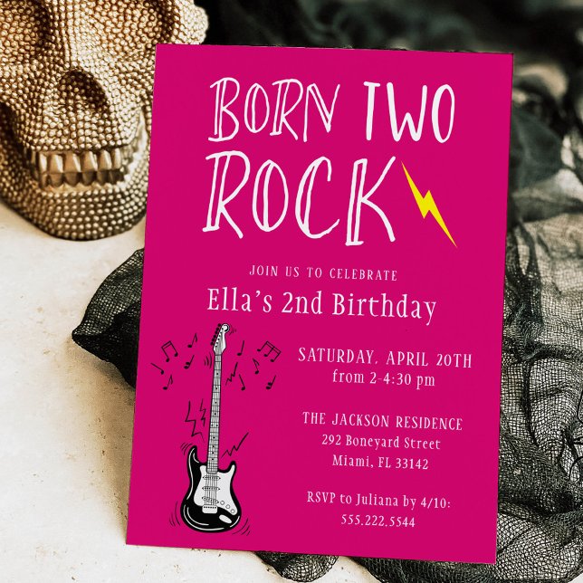 Hot Pink Born Two Rock Guitar 2nd Birthday Party Invitation (Creator Uploaded)