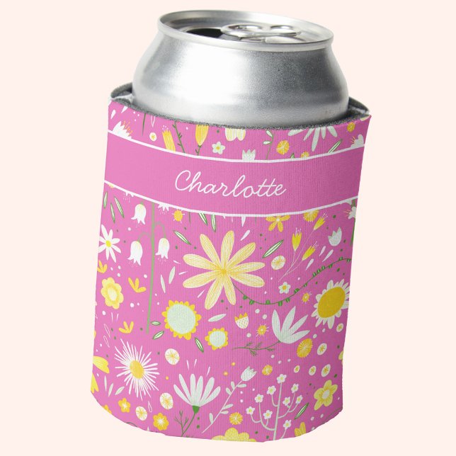 Hot Pink Botanical Wildflower Floral Personalized Can Cooler (Personalized name hot pink and yellow wildflower pattern can cooler)