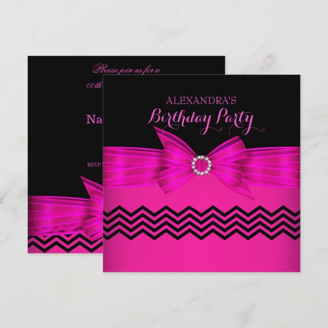 Hot Pink Bow Black Chevron Stripe Birthday Party Invitation (Front/Back)