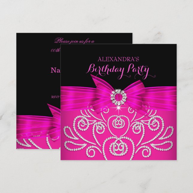 Hot Pink Bow Black faux Diamond Birthday Party Invitation (Front/Back)
