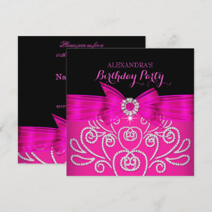 Hot Pink Bow Black faux Diamond Birthday Party Invitation