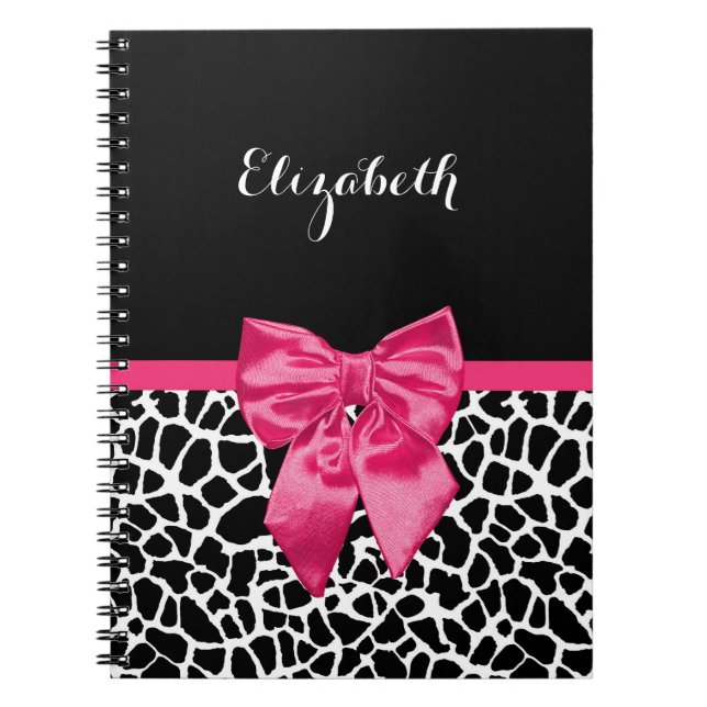 Hot Pink Bow Giraffe Print Name Notebook (Front)