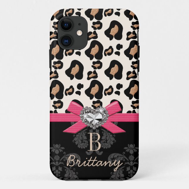 Hot Pink Bow Heart Shaped Faux Bling Leopard Case-Mate iPhone Case (Back)