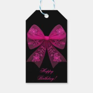 Hot Pink Bow with Floral Lace Happy Birthday Gift Tags