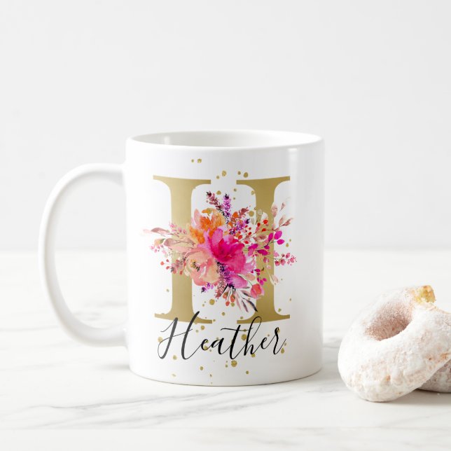 Hot Pink Bright Floral Letter H Monogram Coffee Mug (With Donut)