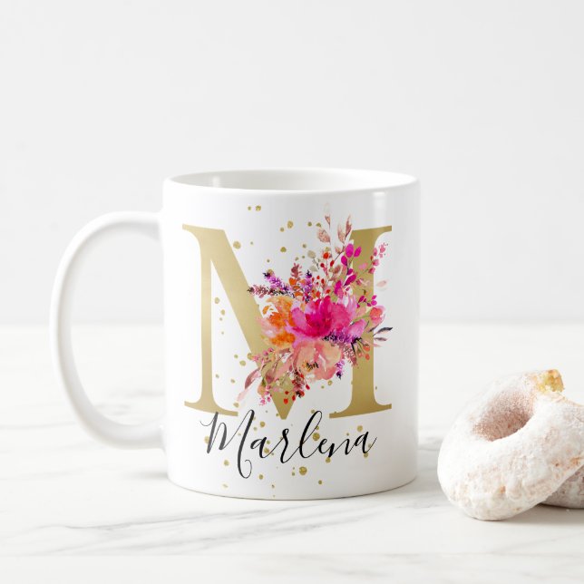 Hot Pink Bright Floral Letter M Monogram Coffee Mug (With Donut)