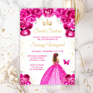 Hot Pink Brown Hair Princess Sweet Sixteen Invitation