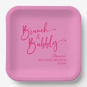 Hot Pink Brunch and Bubbly Birthday Brunch Party Paper Plate