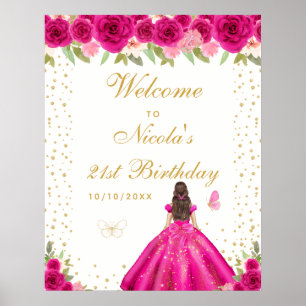 Hot Pink Brunette Hair Girl Birthday Party Welcome Poster