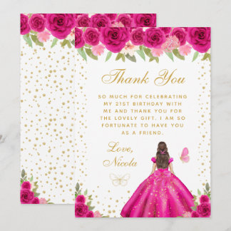Hot Pink Brunette Hair Princess Birthday Party Thank You Card