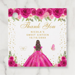 Hot Pink Brunette Hair Princess Sweet Sixteen Favour Tags