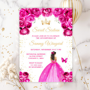 Hot Pink Brunette Hair Princess Sweet Sixteen Invitation