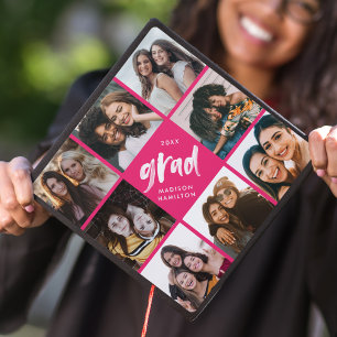 Hot Pink Brush Script Grad 8 Photo Collage Graduation Cap Topper