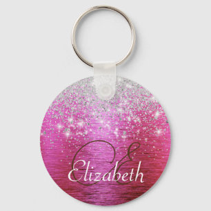 Hot Pink Brushed Metal Silver Glitter Monogram  Keychain
