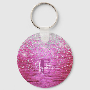 Hot Pink Brushed Metal Silver Glitter Monogram  Keychain