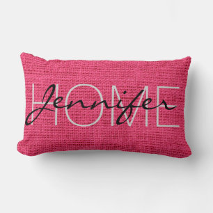 Hot Pink Burlap Rustic Monogram Lumbar Pillow
