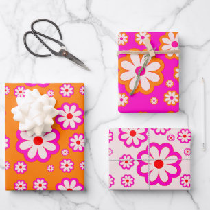 Hot Pink& Burnt Orange Daisy Pattern Retro Floral Wrapping Paper Sheet